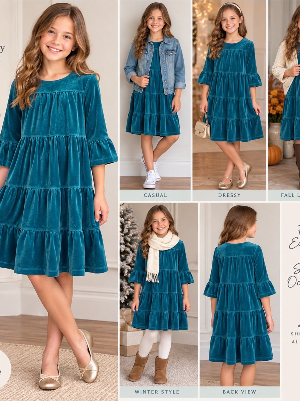 Hanna Andersson Teal Velvet Tiered Dress Kids Big Girls 150 (12) Holiday Party